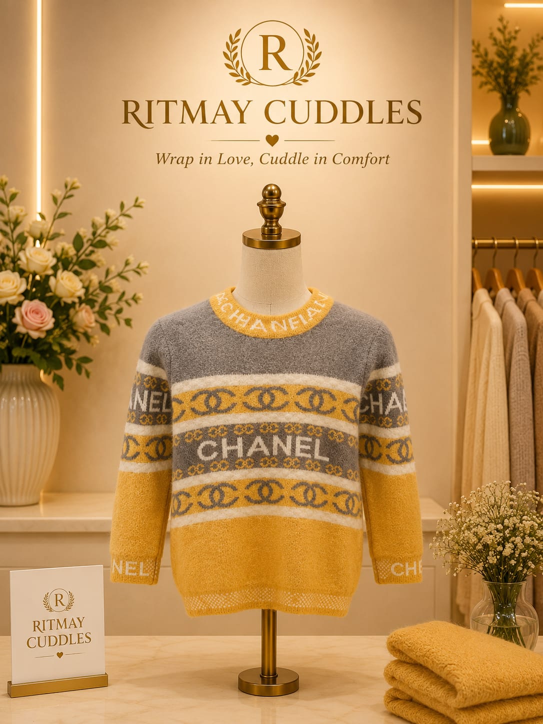 chanel grey and yellow round neck sweater