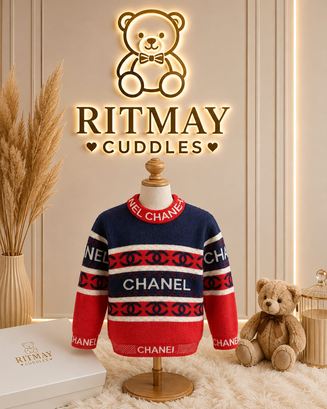 chanel round neck navy blue and red sweater