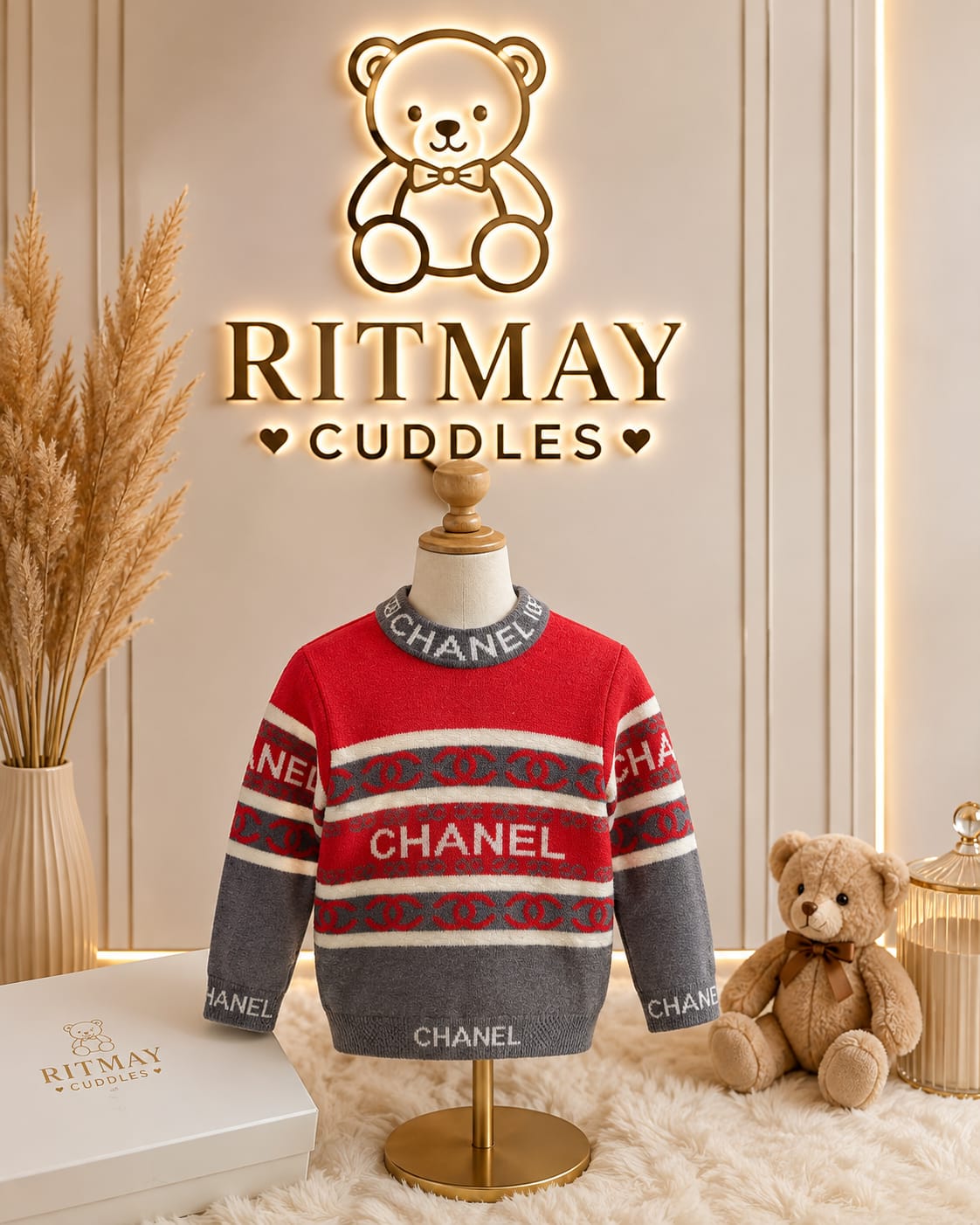 chanel round neck red and grey sweater