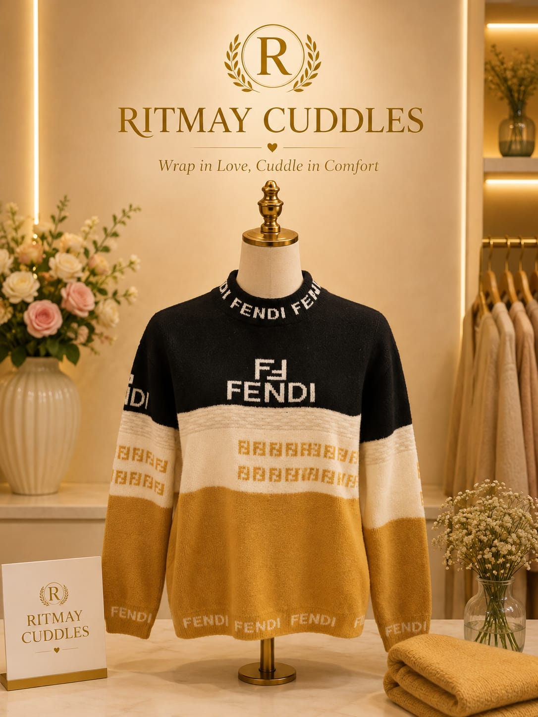 fendi black and mustard round neck sweater